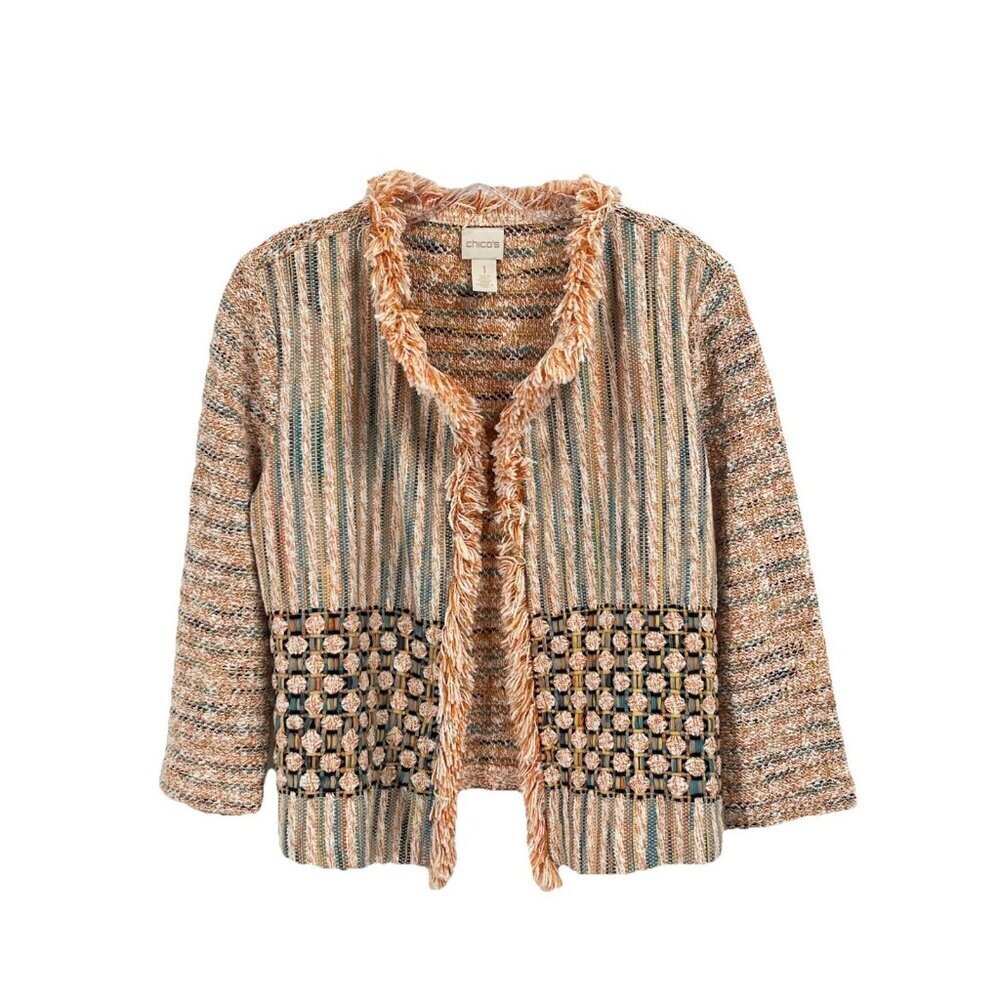 Chicos Mixed Print Open Cardigan Sz Medium Boho Festival Hippie Patchwork
